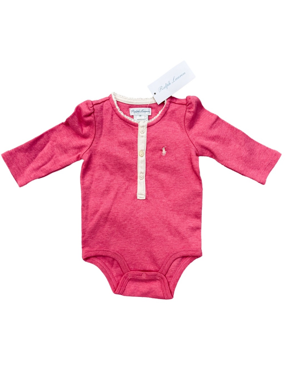 NWT Ralph Lauren Baby Girl Puff Long Sleeve Henley Bodysuit Onesie Giftable New